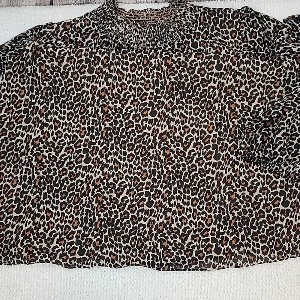 J Crew Long Sleeve Leopard Smocked Mock Neck Blouse/Shirt in Brown/Black - NWT
